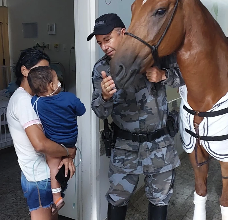 Cavalos da PM durante equoterapia, no HMAP, em Aparecida de Goiânia